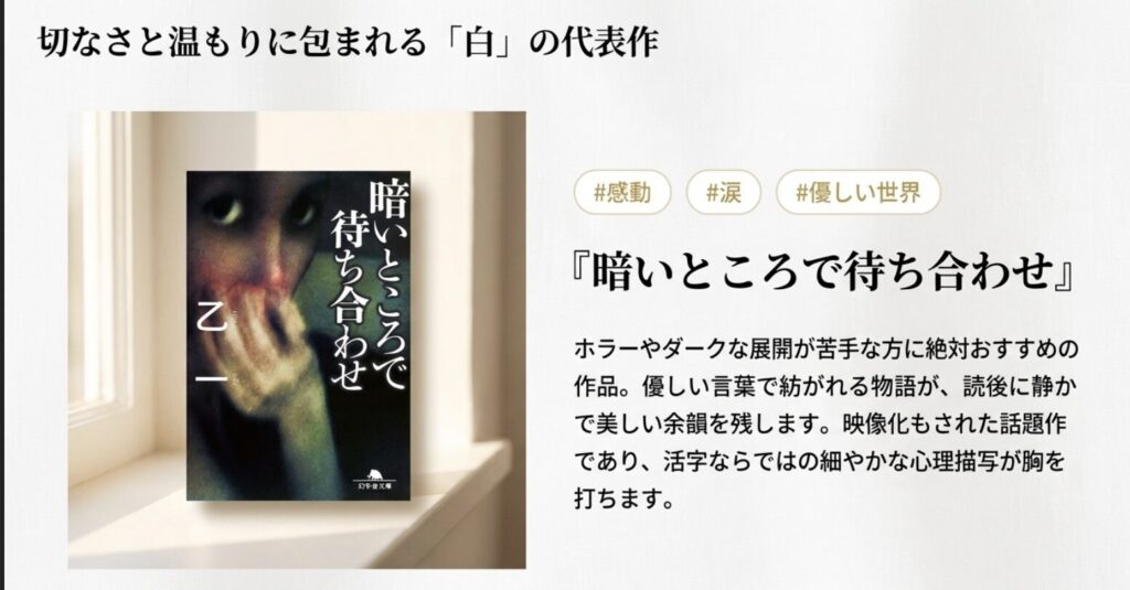 涙・温もりの白と恐怖・ミステリーの黒、長編と短編で乙一の代表作を分かりやすく分類したマトリクス図