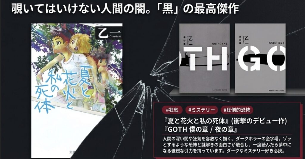 人間の深い闇や狂気を描いたダークホラーの金字塔『夏と花火と私の死体』と『GOTH』を紹介するスライド