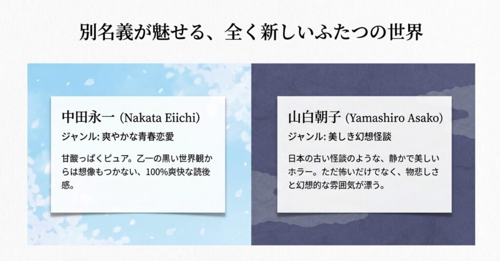 爽やかな青春恋愛を描く中田永一と、美しき幻想怪談を描く山白朝子の2つの別名義の作風を解説したスライド