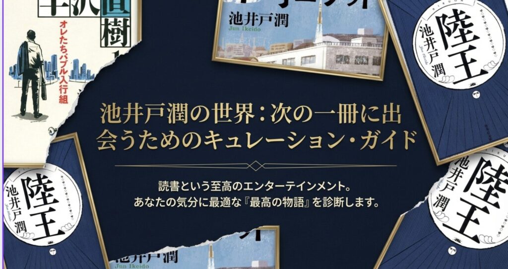 池井戸潤のおすすめ小説を紹介するキュレーション・ガイドのタイトル画像。「半沢直樹」や「陸王」などの表紙が並ぶ。