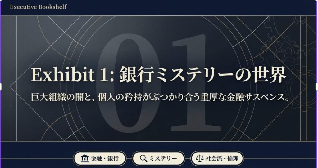 銀行ミステリーの世界の紹介スライド。巨大組織の闇と個人の矜持がぶつかり合う重厚な金融サスペンス。