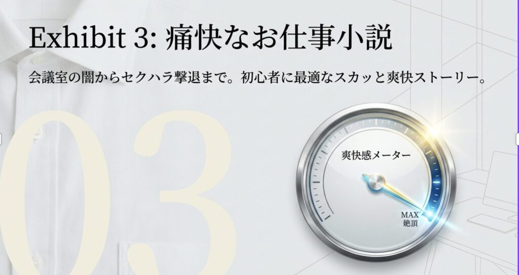 痛快なお仕事小説の紹介スライド。会議室の闇からセクハラ撃退まで、初心者に最適なスカッと爽快ストーリー。